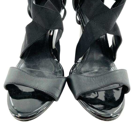 WHBM Black Leather Strappy Career Chic Zip Back Elastic Ankle Wedge Heel 9.5 - Picture 4 of 10